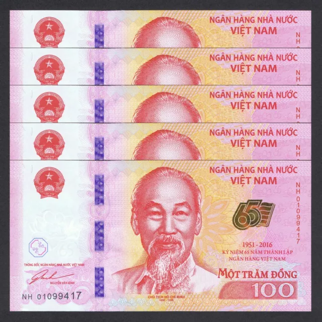 2016 Vietnam 100 Dong Cotton Paper P-125 Unc Lot 5 Pcs+ + +65Th Anniv Bank Comm