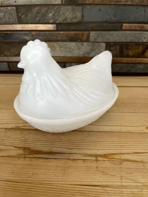 VTG Hazel Atlas White Milk Glass Hen On Nest Covered Dish Chicken 4.5"