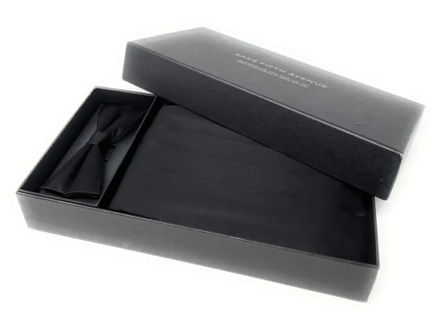 Saks Fifth Avenue 100% Silk Formal Cummerbund Black Bow Tie Wedding Gift Set