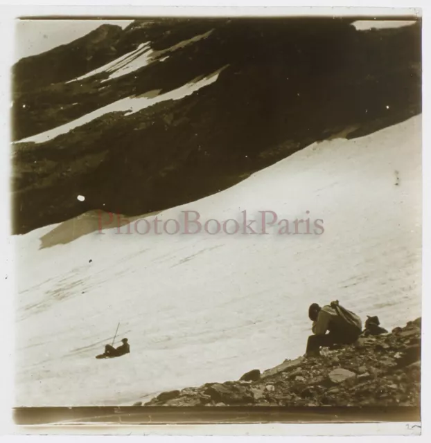 Montagne Neige Alpinistes c1928 Photo Stereo Plaque de verre Vintage