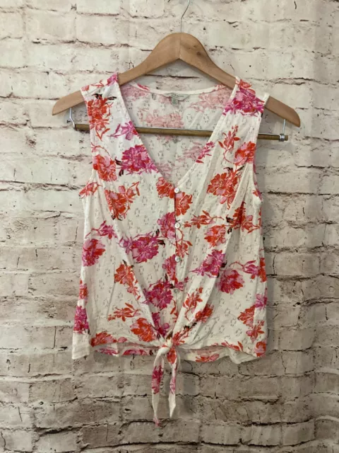 Lucky Brand Shirt Womens Small Pink Ivory Floral Tie Front Sleeveless V Neck