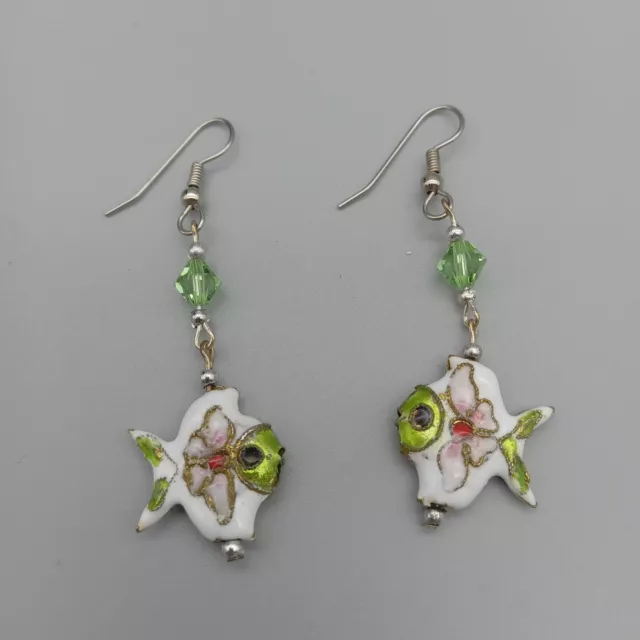 Cloisonné Angelfish Tropical Fish White Enameled Hook Earrings Artisan Made VTG