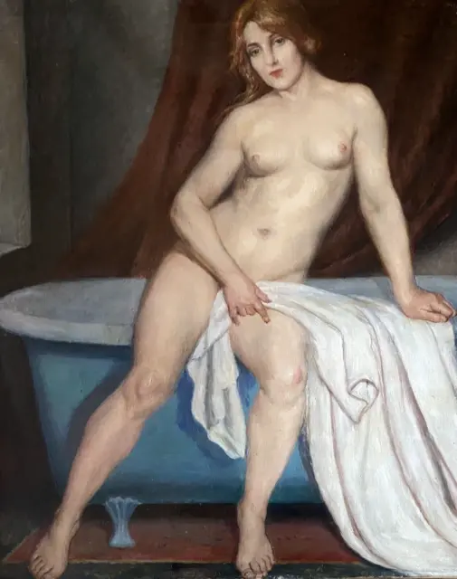 Tableau ancien nu femme nue à la baignoire peinture anonyme proche de J J Henner