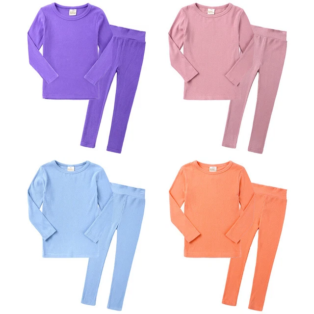Girls Boys Toddlers Kids Pyjamas Long Sleeve Top Bottom Set Plain Nightwear PJs