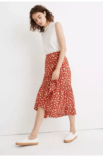Madewell Ruffle-Wrap Midi Skirt in Happy Hibiscus Size 4