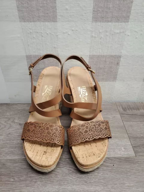 Salvatore Ferragamo Gioela Brown Leather Wedge Sandal Women’s Size 9.5 NWOB ✅ 2