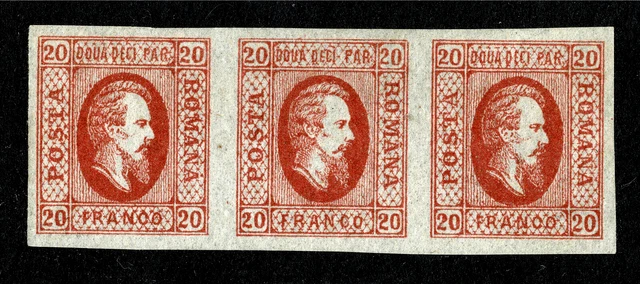 1865 Romania - Prince Cuza in the oval - bluish paper, 20 PAR red, triplet (r53)