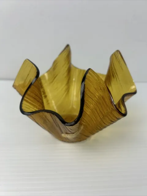 Chance Art Glass Handkerchief Vase, Textured Amber Bowl, Made in England