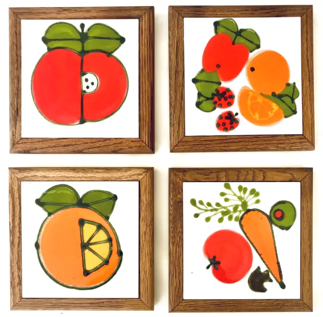 1982 Kate UK Set 4 Vintage Fruit & Vegetables Art Tiles Apple Orange Carrot MCM