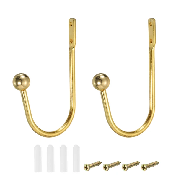 2Pcs Aluminum Alloy Wall Mounted Curtain Holdback U Shaped Drapery Hooks, Gold