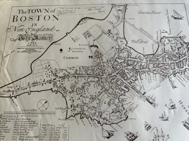 Vintage Map The Town of Boston Mass 1722 Captain John Bonner 11" x 15 1/2" 2