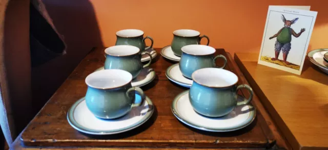 Denby Regency Green Cups and Saucers. Set of 6.