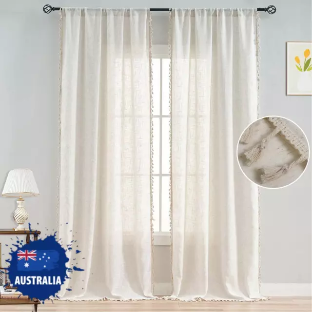 Cotton Linen Curtains Boho Cream Semi Sheer Window Drapes Tassel Slot Top Panels