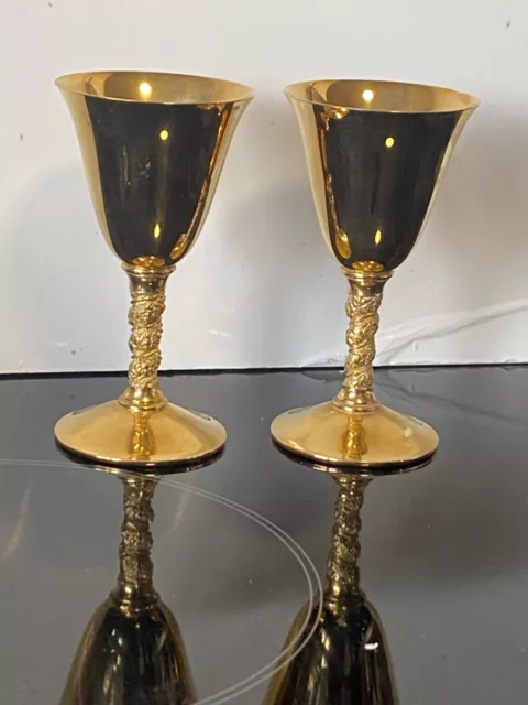 Pair vintage Falstaff goblets -gold plated in England twisted embossed stem 2