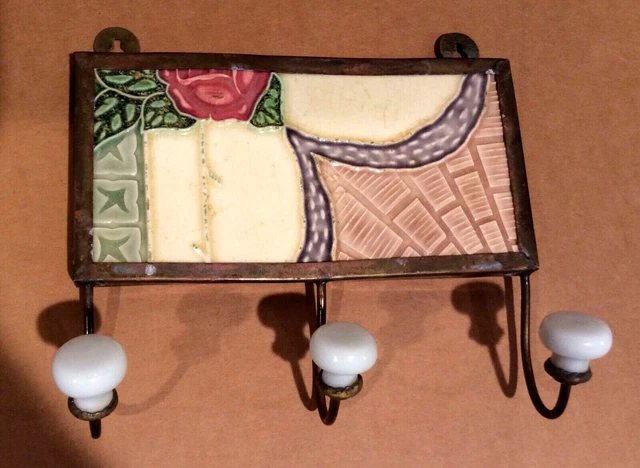 Japanese Tile and Brass Wall Hook, Vintage, Purple Swag