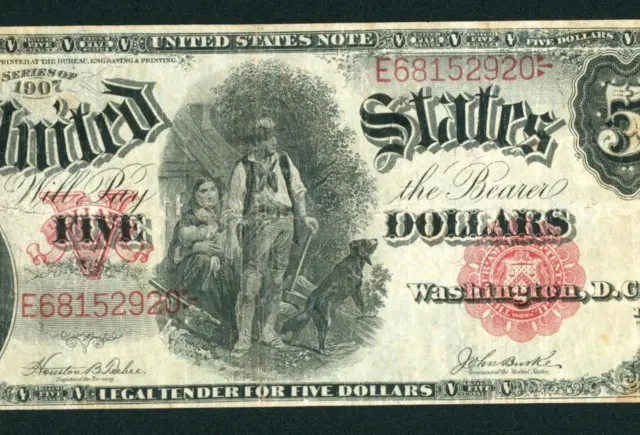 $5 1907 United States Note ** Legal Tender ** Woodchopper ** PAPER CURRENCY