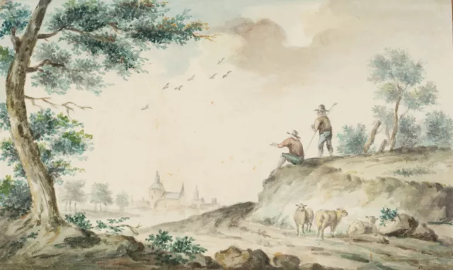 J. ALEN (1651-1690), Hirten nahe einer Ortschaft, Aquarell Barock Landschaft