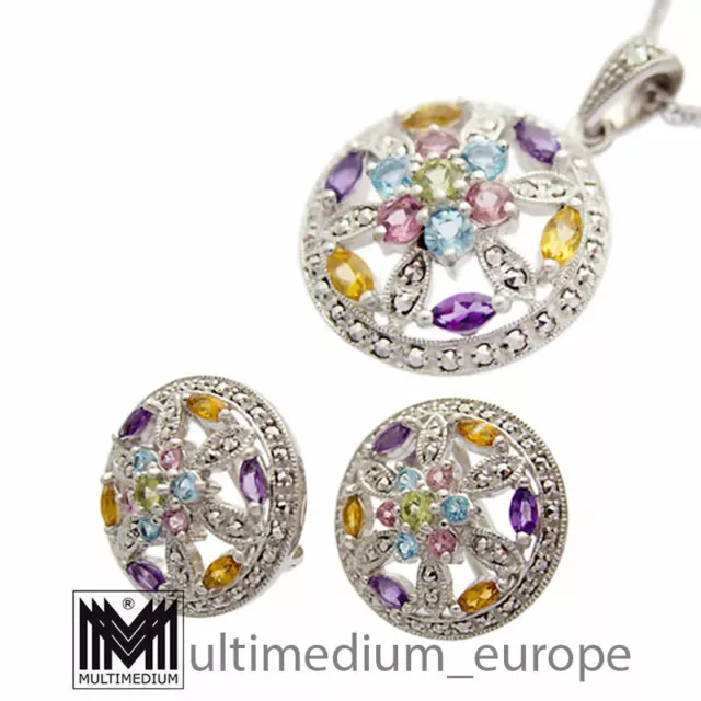 Silber Set Anhänger Ohrringe Kette Amethyst Topas Peridot Markasit