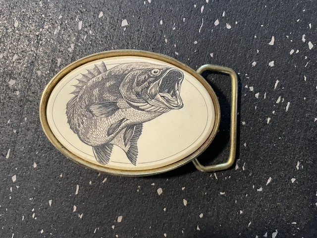 Vintage Large Mouth Bass Fish Oval Solid Brass Belt Buckle Barlow Fishing