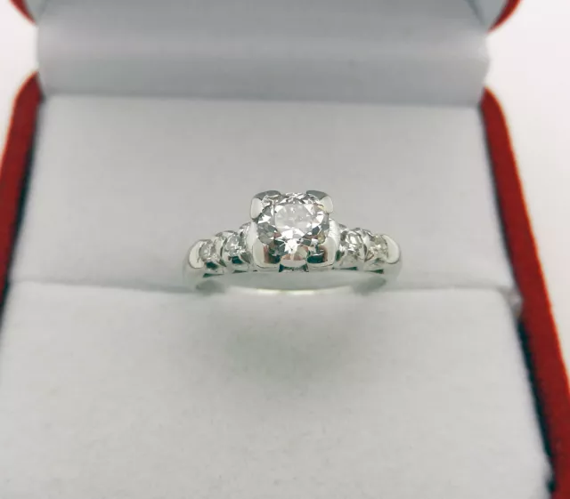 Vintage ART Deco 14k White Gold Solitaire 0.60 tcw Natural Diamond Ring w/Accent