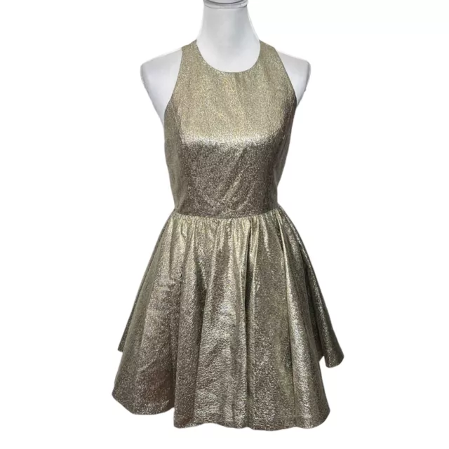 Alice + Olivia Tevin Racerback Dress Metallic Fit And Flare Gold Womens Size 6 2