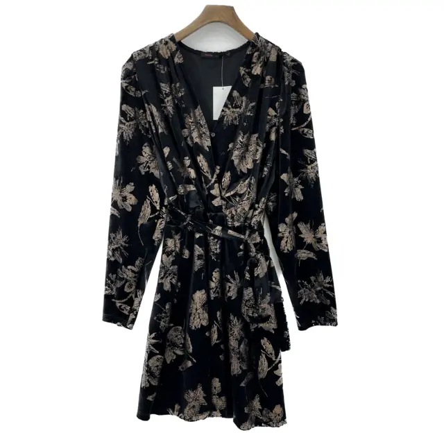 Fraiche By J Black Floral Long Sleeve Faux Wrap Dress Size XL NWT