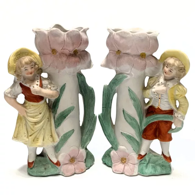 Vintage - 2 x Matching BISQUE PORCELAIN SPILL VASES 13.5cm - Boy & Girl Figural