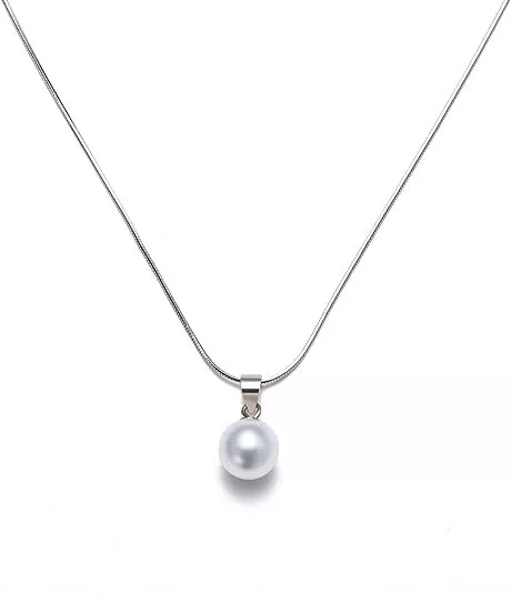 Women White Single Real Pearl 925 Sterling Silver Snake Chain Necklace, 18 in