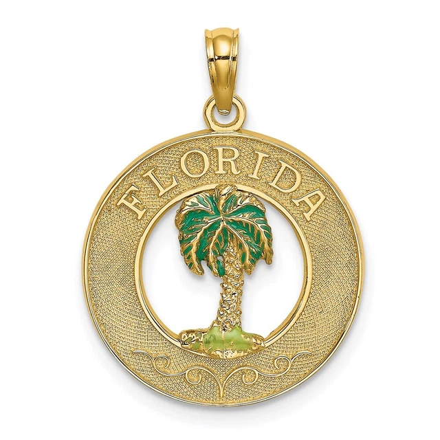 14K Yellow Gold FLORIDA Enamel Palm Tree Circle Charm
