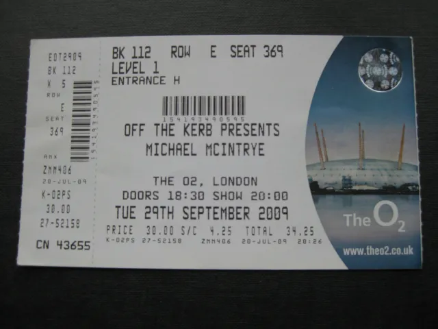 Michael Mcintyre  O2 London  29/09/2009  Ticket Unused