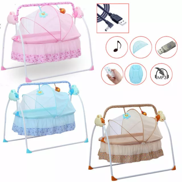 Electric Auto-Swing Baby Crib Cradle Sleep Bed Infant Rocker+Net Music Bluetooth