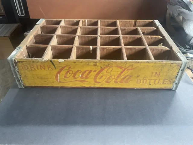 Vintage COCA-COLA Wooden Yellow Soda Crate Box Metal Straps