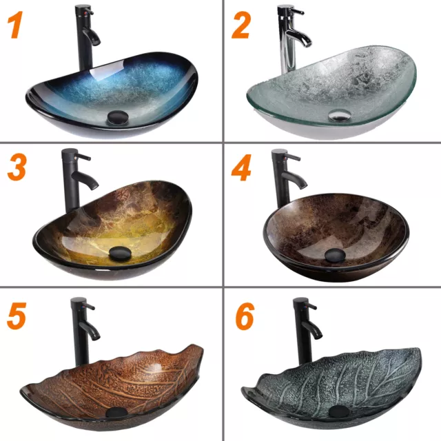 Bathroom Sink Basin Hand Wash Counter Top Oval Glass Bowl Pop up Tap Waste Set 2