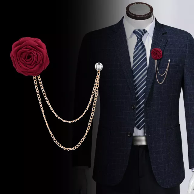 Men Rose Flower Brooch Tassel Chain Lapel Pin Fabric Suit Brooches Handmade Pin^