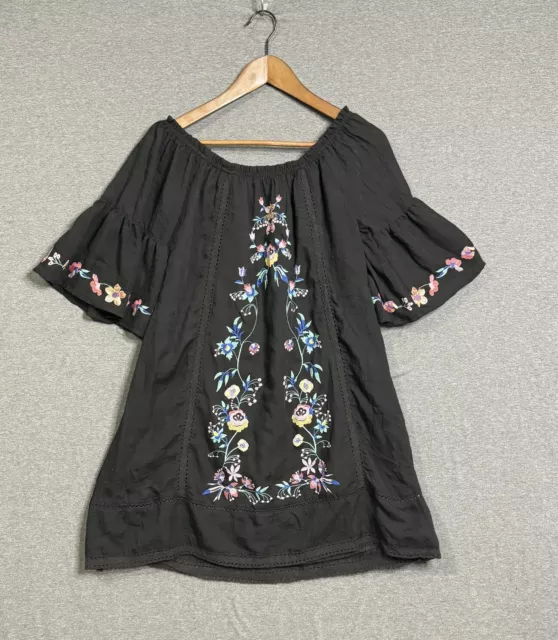 Umgee Womens Tunic Dress Black Floral Embroidered Boho Lined Size Medium
