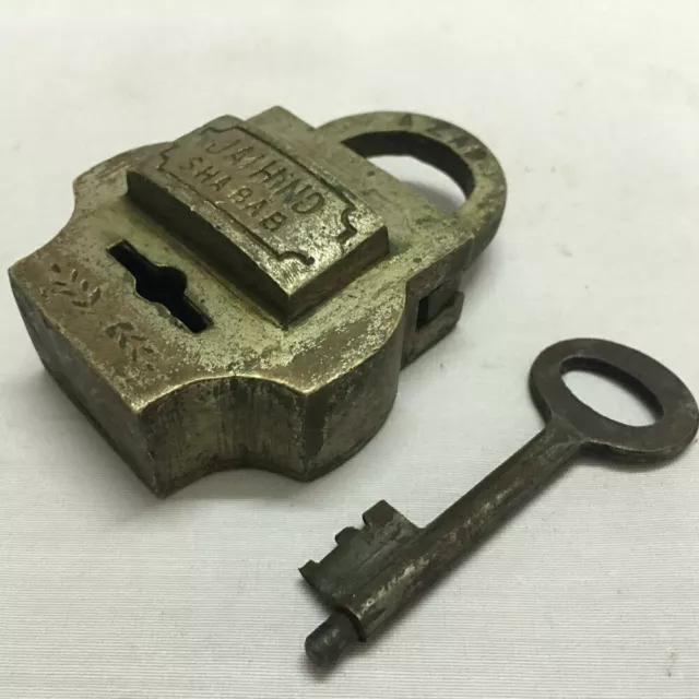 Brass padlock lock with key rich patina, An old or antique, different shape.