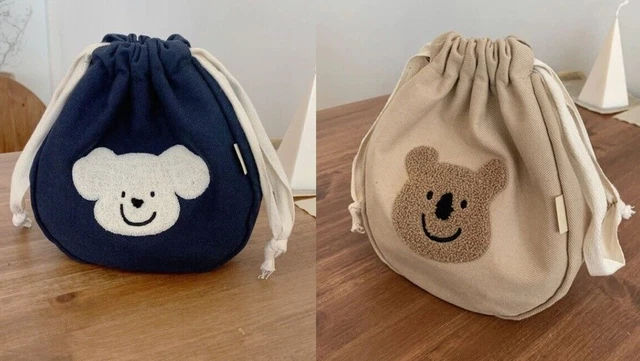 Cloth Cosmetic Storage Bag with Bear Embossed Drawstring Closure for Travel