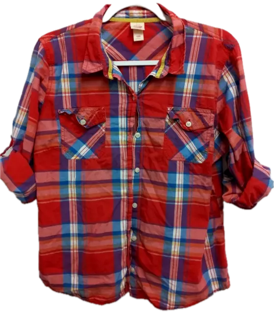 Mossimo supply co. red blue plaid button down women's roll up sleeve top XXL