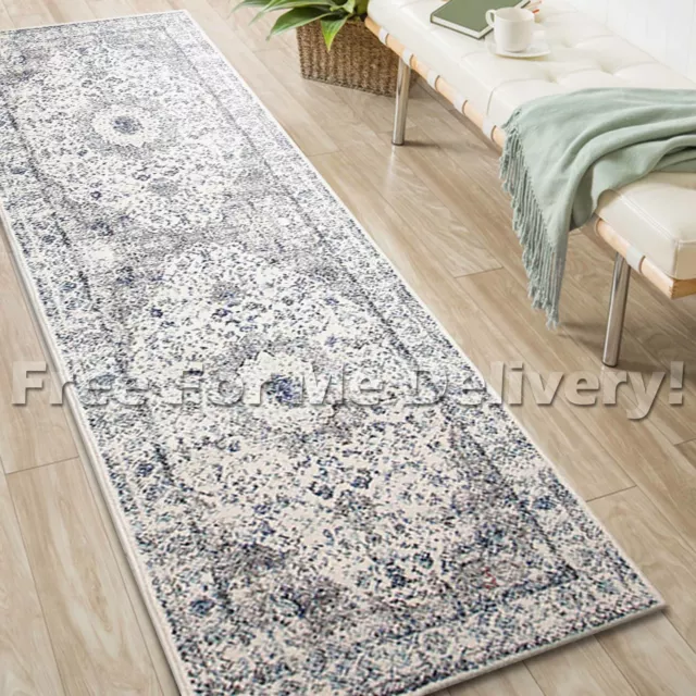SULIS MEDALLION IVORY BLUE TRADITIONAL RUG RUNNER (M) 80x300cm **FREE DELIVERY**