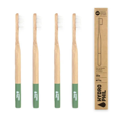 Hydrophil nachhaltige Bambus Zahnbürste – GRÜN – mittelweich  - 4er Pack