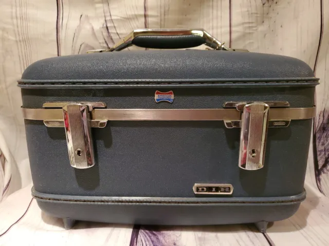 Vintage American Tourister Train Case Makeup Hard Shell Blue Tray