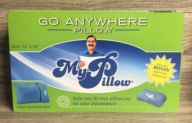 My Pillow Go Anywhere Travel 12”X18” Includes Roll & Go Case Daybreak Blue NEW