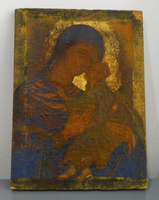 Antique Greek Icon Wood Panel Painted Virgin with Child