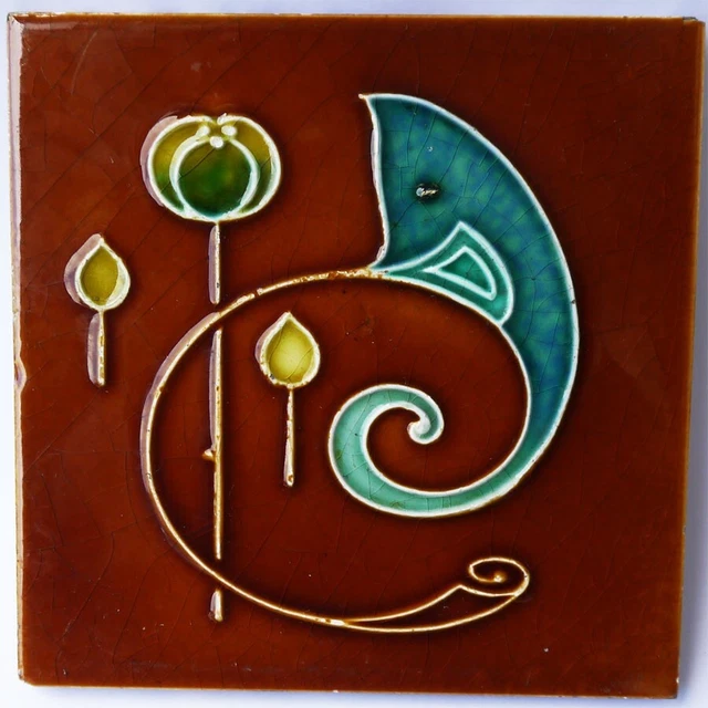 V Rare Original MALKIN  6" x 6" Antique High Relief Majolica Art Nouveau Tile