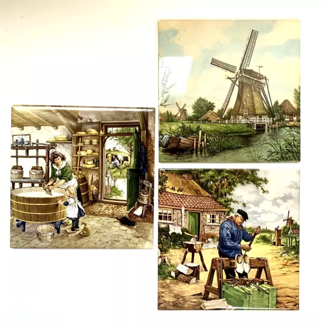 Vintage Royal Mosa Schwabap Holland Tiles Dutch Scenes C.V Hunnik Set of 3