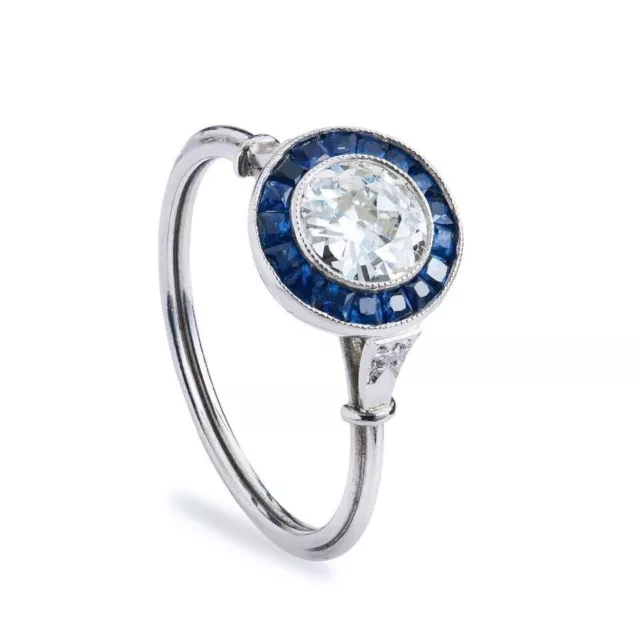 1.45Ct Art Deco Style Round Lab-Created Diamond Sapphire 925 Silver Wedding Ring