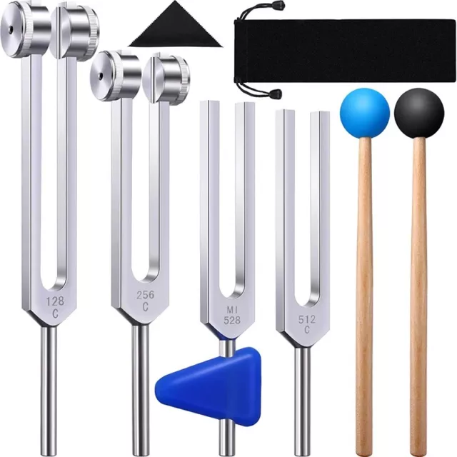 4 Pack Tuning Fork Set(128 Hz,256 Hz,512 Hz,528 Hz)with Tuning Fork Hammer forh
