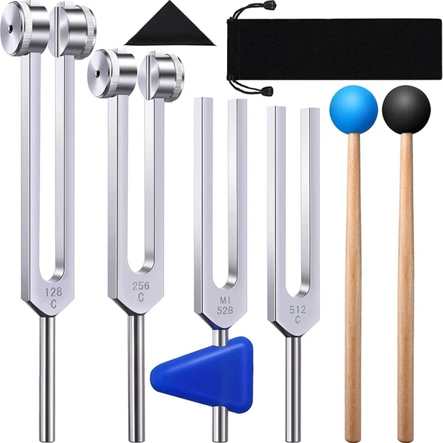4 Pack Tuning Fork Set(128 Hz,256 Hz,512 Hz,528 Hz)with Tuning Fork Hammer forh
