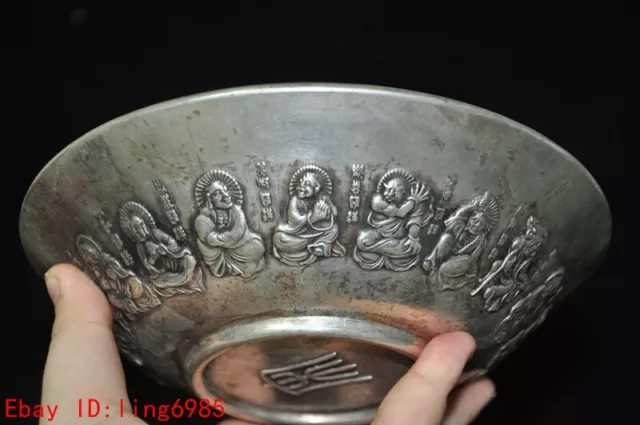 7" Chinese Ancient times Tibetan silver 18 Arhat The statue Tea cup Bowl 2