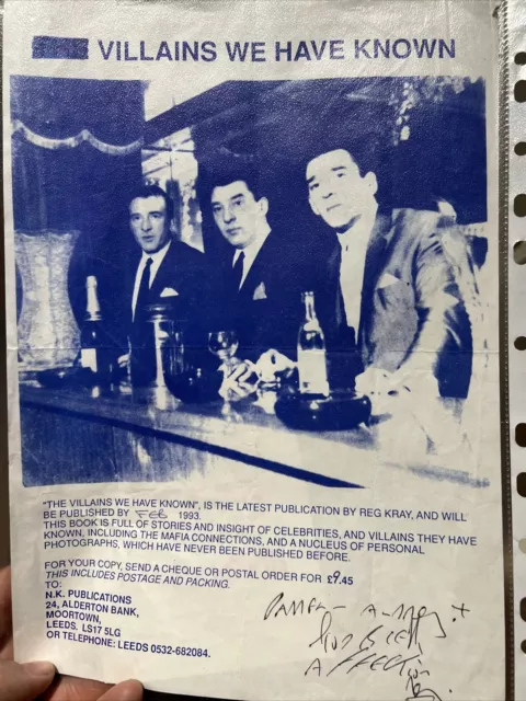 Reg Kray Signed A4 Book Flyer For Villains We Have Known, And Book. Kray Twins.